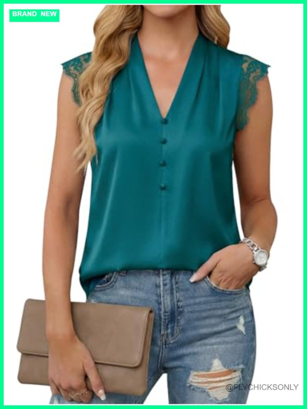 Satin Lace V-Neck Tank Top Pleated Button Loose Fit Workwear Blouse